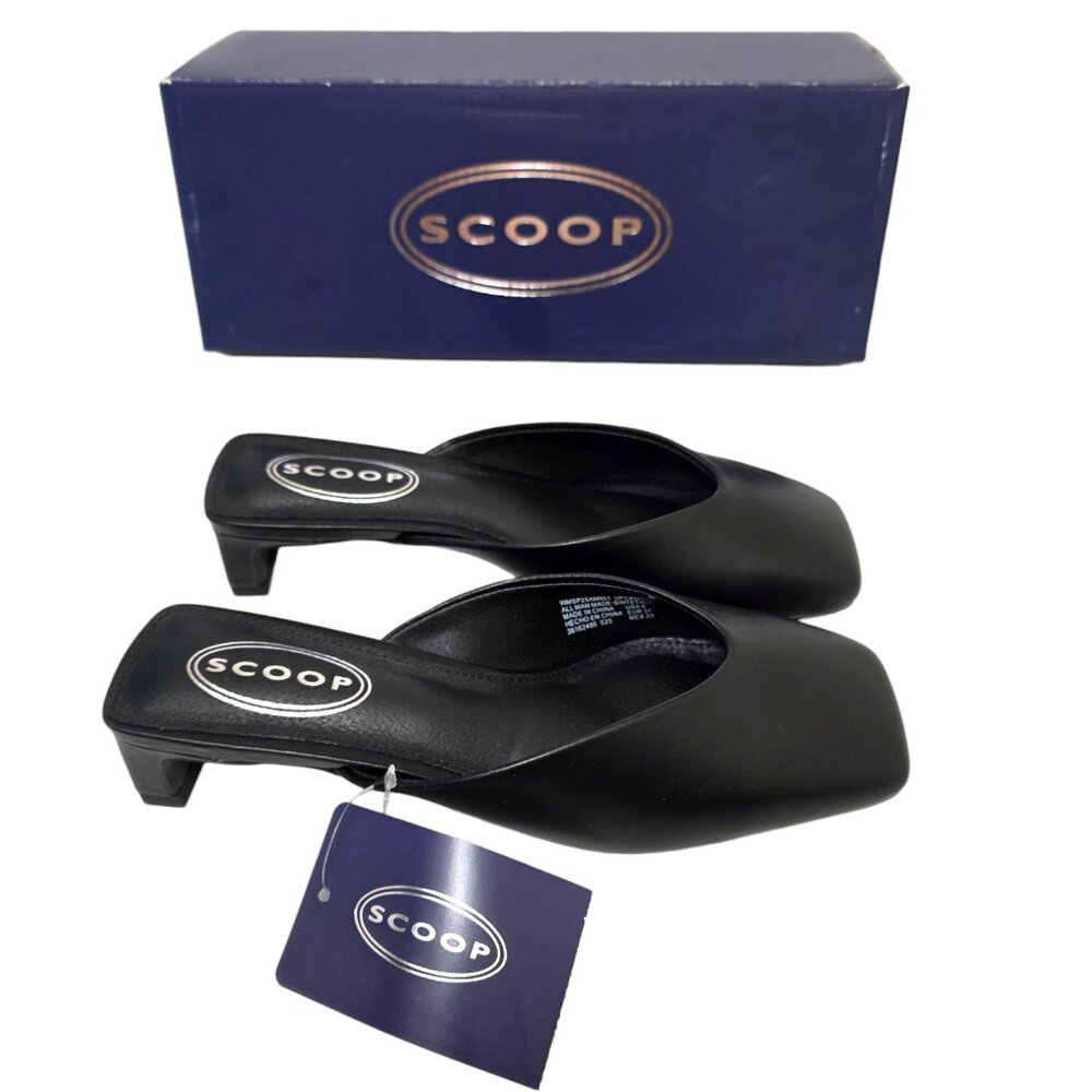 Scoop Slip On Womens Shoes Triangle Shaped Kitten Heel Square Toe Sz 6-10 Black